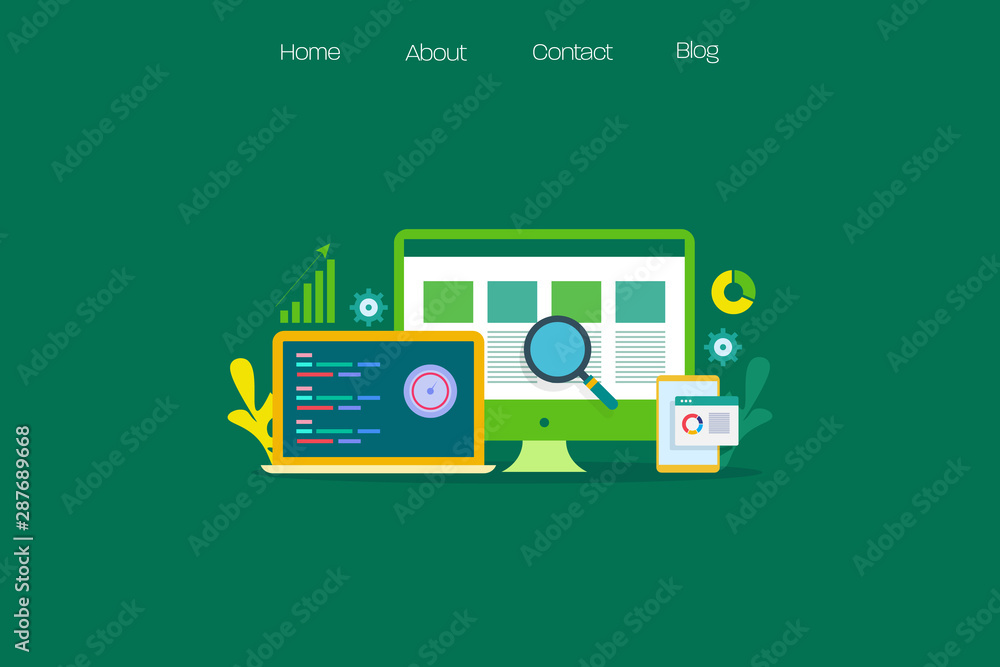 Poster data driven marketing, optimized website data, seo concept, flat design vector web banner.