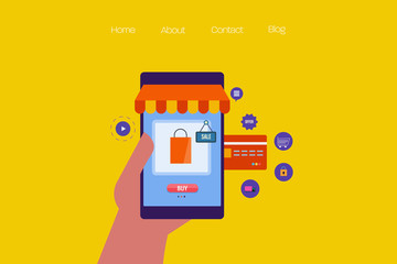 Hand holding smartphone, ecommerce mobile app, online shopping via credit card concept, flat design vector web banner.