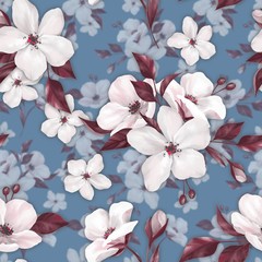 Fototapeta na wymiar Elegance seamless pattern with white apple flowers blue background