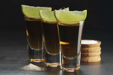 Shots with tequila with salt and lime