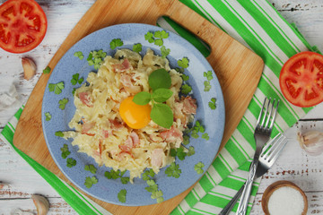 A plate with traditional pasta carbonara