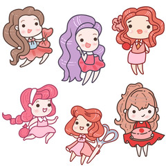 Set of cute girls with colorful long hair on white background.