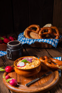 rustic Bavarian obazda with radishes and onions