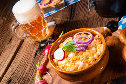 rustic Bavarian obazda with radishes and onions