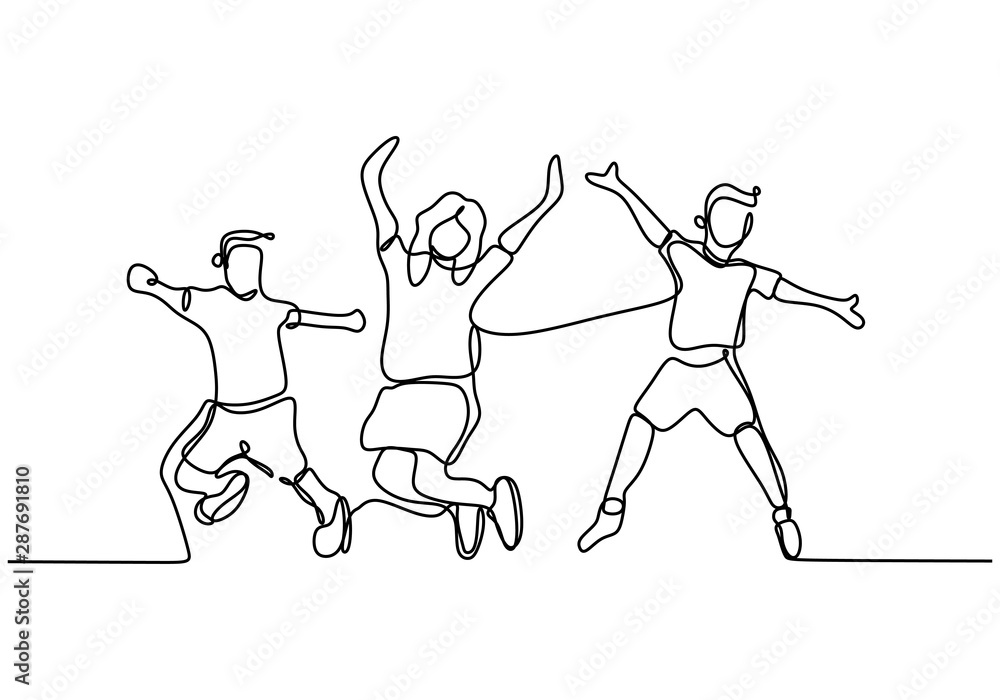 Wall mural happy children jumping continuous line drawing minimalist design one hand drawn isolated on white ba