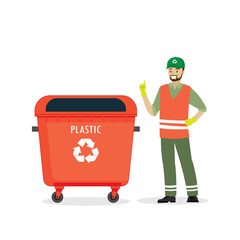 Garbage collection service. Man in a uniform and red container with plastic garbage.