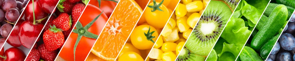 Selbstklebende Fototapete Küche Hintergrund von Obst, Gemüse und Beeren