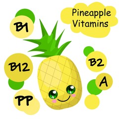 Pineapple character. The benefits of fruit. Healthy food. Vitamins and minerals.