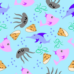 Ocean cartoon animals seamless fabric pattern.