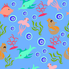 Fototapeta na wymiar Sea wildlife seamless fabric pattern.