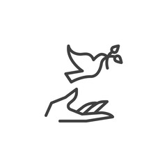 Hand and pigeon line icon. linear style sign for mobile concept and web design. Dove with olive branch and hand outline vector icon. Freedom and peace symbol, logo illustration. Vector graphics