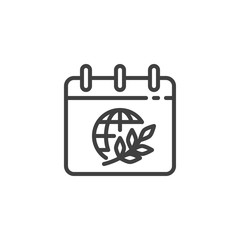 Calendar peace day line icon. linear style sign for mobile concept and web design. Calendar page with world globe and olive branch outline vector icon. Symbol, logo illustration. Vector graphics