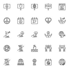 International Day of Peace line icons set. linear style symbols collection, outline signs pack. vector graphics. Set includes icons as not war sign, pacifism, world calendar with dove, olive branch