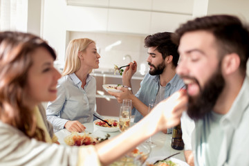Friends having lunch together at home