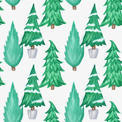 Seamless pattern New Year Christmas tree isolated on white background. Watercolor Winter nature illustration. Hand drawn vintage card, fabric paper texture design.