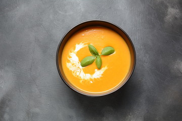 Vegetarian autumn pumpkin and carrot cream soup. Thanksgiving dish. Healthy food concept