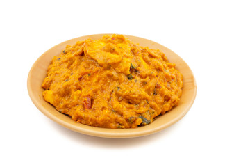 Indian Vegetarian Cuisine Special Sweet And Spicy Paneer Pasanda or Stuffed Paneer Curry, Delicacy Consisting of Stuffed Paneer with Rich Creamy Gravy on White Background