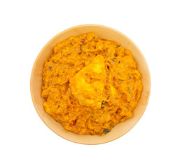 Indian Vegetarian Cuisine Special Sweet And Spicy Paneer Pasanda or Stuffed Paneer Curry, Delicacy Consisting of Stuffed Paneer with Rich Creamy Gravy on White Background