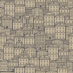 Vector seamless pattern with old hand drawn houses in retro style. Cityscape background, can be used as wallpaper, wrapping paper, textile, fabric