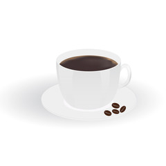 Cup of espresso coffee with coffee bean on plate