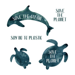 Watercolor set with marine resident. Hand drawn dolphin and turtle. Pollution motivational phrases