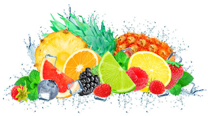 citruses and berries water splash and ice cubes isolated on the white