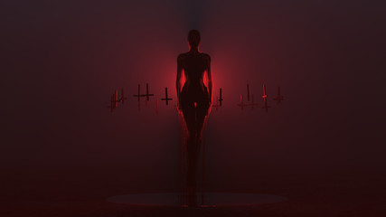 Evil Spirit Ghost Demon Floating Evil Blood Queen Vampire Dripping in Blood with Upside Down Floating Crosses Abstract Demon in a Red Foggy Void front View 3d illustration 3d render  	 - obrazy, fototapety, plakaty