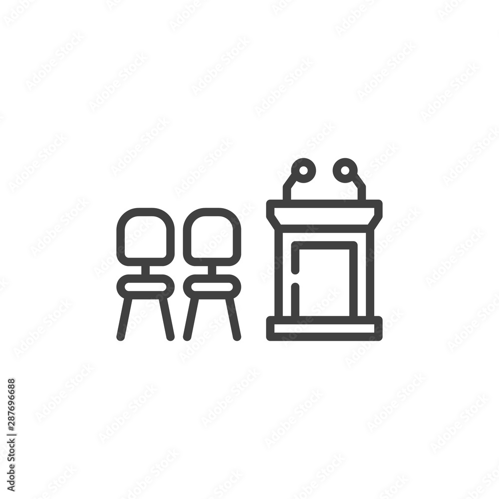 Poster chairs and speaker podium line icon. workplace linear style sign for mobile concept and web design. 