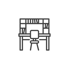 Workplace with bookcase line icon. linear style sign for mobile concept and web design. Office table with bookshelf and chair outline vector icon. Symbol, logo illustration. Vector graphics