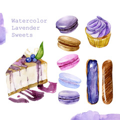 Watercolor cupcake illustration. Vector isolated set of colorful cake macaron or macaroon. Classic homemade delicious slice of blueberry cheesecake with purple cream. Sweet pastries of pastel colors.