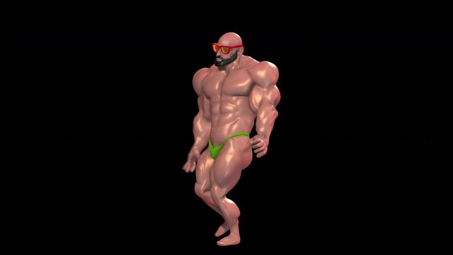 Seamless animation of masculine muscular bodybuilder dancing. Funny summer background isolated with alpha channel.