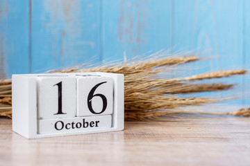 16 October calendar wooden with wheat on table background. Food Donation, Share, Volunteer and World Food day concept
