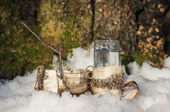 A Glass Of Birch Sap And Syrup From Birch Sap.