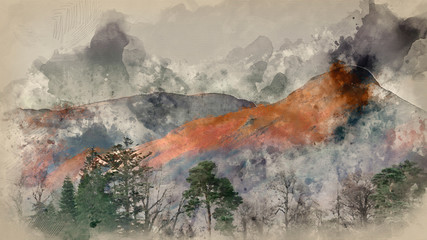 Digital watercolor painting of Beautiful landscape image of Catbells in Lake District hit by first light during Autumn Fall sunrise viewed from Derwent Water at Keswick