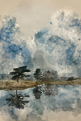 Digital watercolor painting of Stunning landscape image of dramatic storm clouds over Kelly Hall Tarn in Lake District during late Autumn Fall afternoon