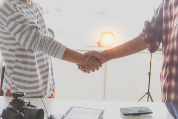 Business handshake. Business people shaking hands, finishing up a meeting,Success agreement negotiation.