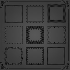 Vintage set of elements. Different square elements for decoration and design frames, cards, menus, backgrounds and monograms. Classic patterns. Set of black vintage patterns