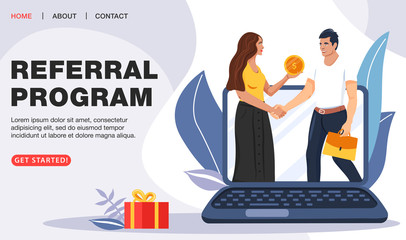 Refer a friend or Referral marketing concept. Business people shaking hands. Laptop notebook screen. Social communication, loyalty program for friends. Landing page template.  Vector.