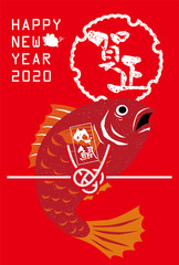 年賀状　2020　鯛　新年　賀正　和風　和柄　水彩　スタンプ
