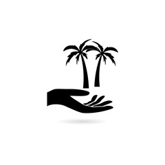 Palm tree on a hand icon isolated on white background