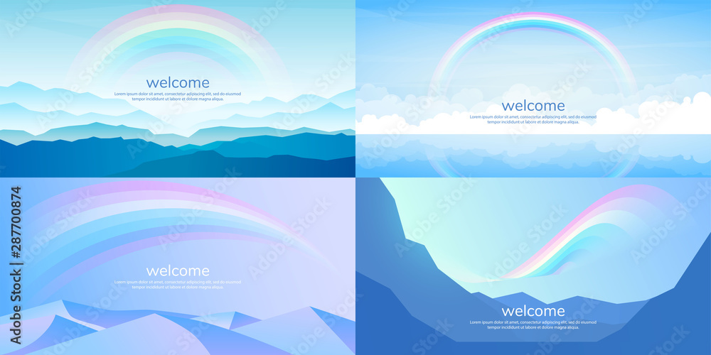 Poster vector illustration. set of editable landscapes in flat minimalistic polygonal style with rainbow. m