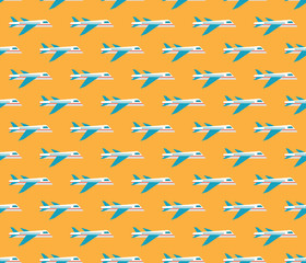 Obraz na płótnie Canvas Seamless vector pattern aircraft flying against an orange sky. Flat vector, modern design. Bright background for packaging, fabrics, textiles,