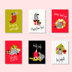 Set of funny christmas cards with rats and greetings, made in vector. Invitation, poster.