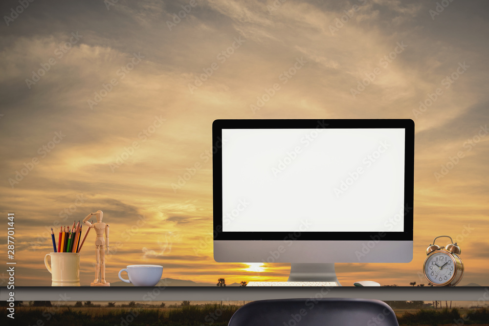 Poster comfortable workplace with modern desktop computer. blank screen for graphic display montage.