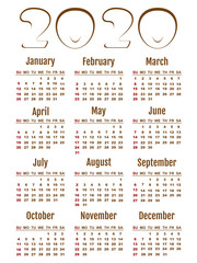 Vector Calendar 2020 in English. Week starts Monday