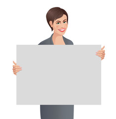 European woman holds empty white placard. Smiling cute girl demonstrates blank board for your text. Vector illustration isolated on the white background