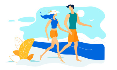 Fototapeta premium Happy Couple Holding Hands Walking along Seaside.
