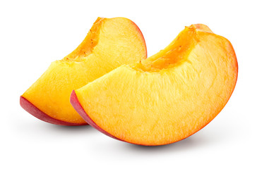 Peach slice isolate. Peach slices on white. With clipping path.