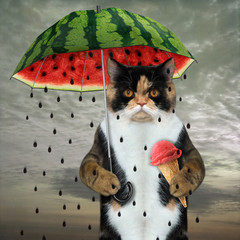 The multicolor cat under a watermelon umbrella is eating an umbrella fruit ice cream.