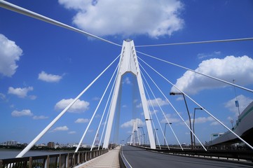 Fototapeta na wymiar わた雲と多摩川に架かる橋（大師橋）
